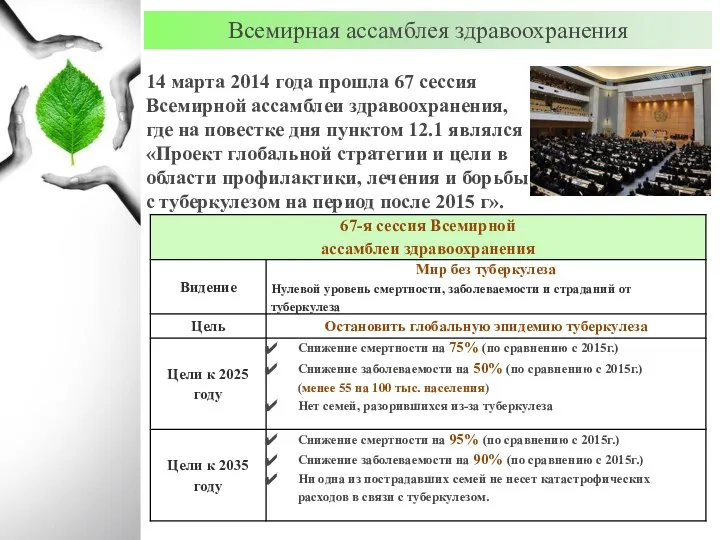 14 марта 2014 года прошла 67 сессия Всемирной ассамблеи здравоохранения, где на