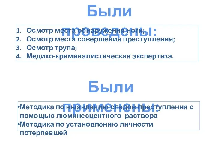 Были проведены: Осмотр места обнаружения ноги; Осмотр места совершения преступления; Осмотр трупа;