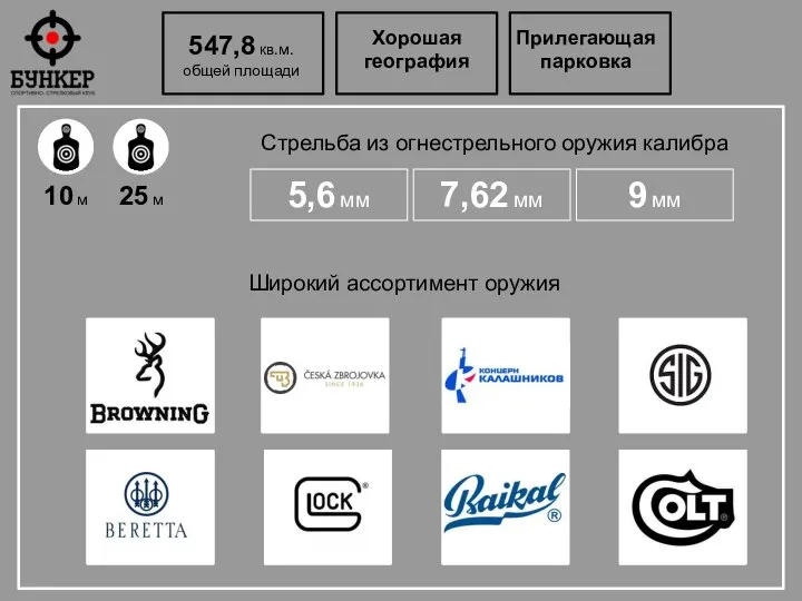 547,8 кв.м. общей площади Хорошая география Прилегающая парковка Стрельба из огнестрельного оружия