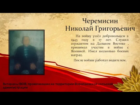 Черемисин Николай Григорьевич На войну ушёл добровольцем в 1943 году в 17