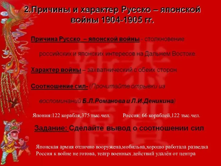 Япония:122 корабля,375 тыс.чел. Россия: 66 кораблей,122 тыс.чел. Японская армия отлично вооружена,мобильна,хорошо работала