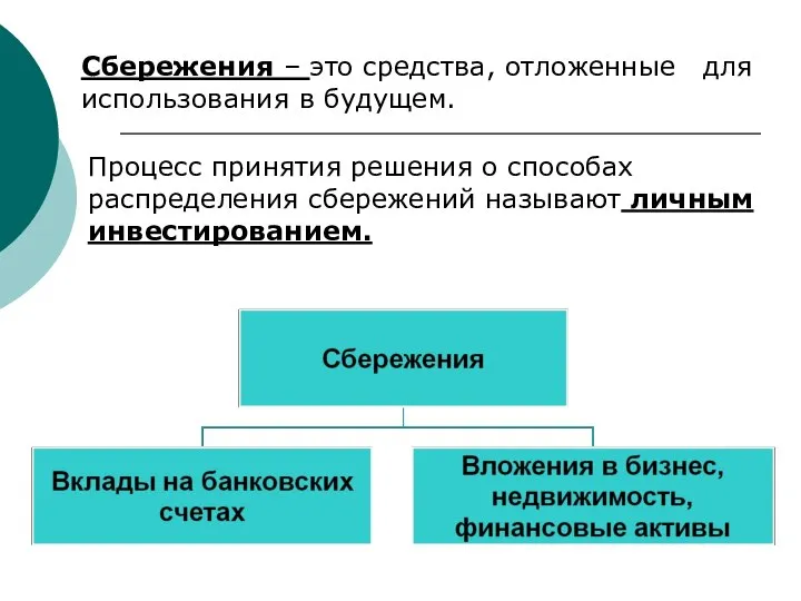 Сбережения – это средства, отложенные для использования в будущем. Процесс принятия решения