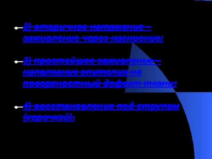 2) вторичное натяжение – заживление через нагноение; 3) простейшее заживление – наползание