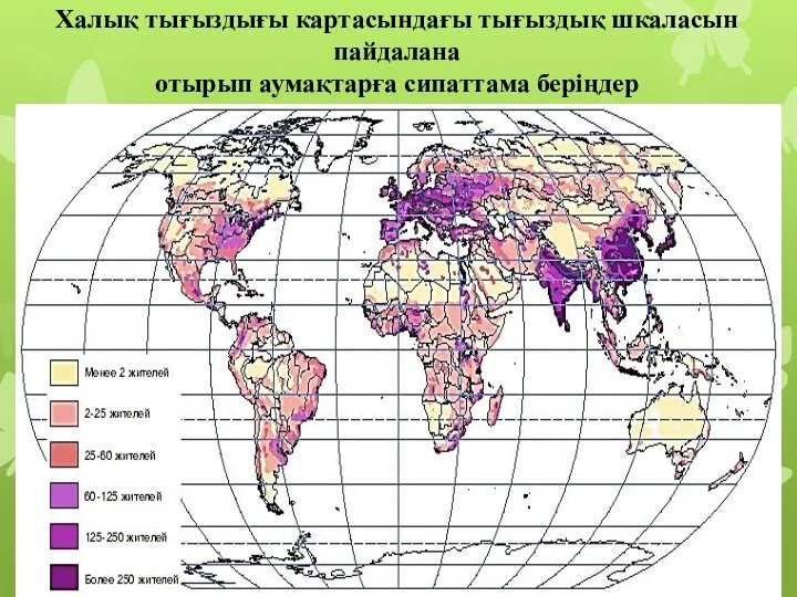 Халық тығыздығы картасындағы тығыздық шкаласын пайдалана отырып аумақтарға сипаттама беріңдер