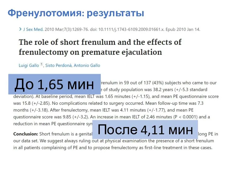 Френулотомия: результаты До 1,65 мин После 4,11 мин