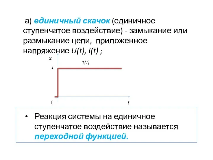 а) единичный скачок (единичное ступенчатое воздействие) - замыкание или размыкание цепи, приложенное