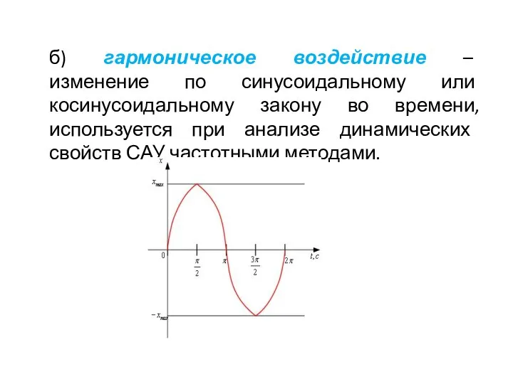 б) гармоническое воздействие – изменение по синусоидальному или косинусоидальному закону во времени,