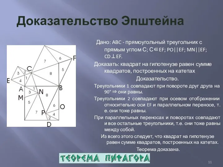 Доказательство Эпштейна Дано: ABC - прямоугольный треугольник с прямым углом С; С∈EF;