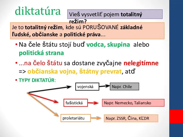 diktatúra Na čele štátu stojí buď vodca, skupina alebo politická strana ...na