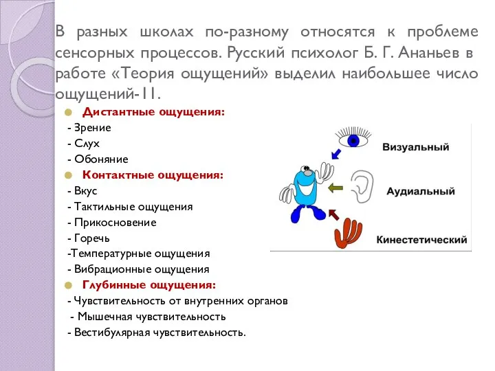 В разных школах по-разному относятся к проблеме сенсорных процессов. Русский психолог Б.