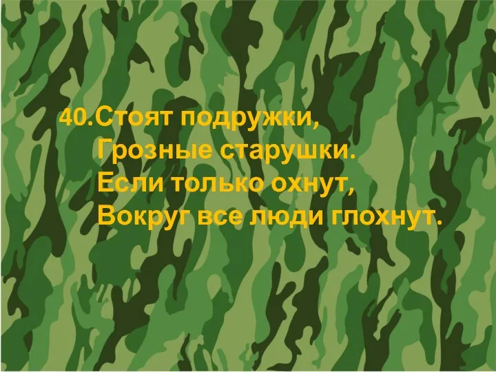 40.Стоят подружки, Грозные старушки. Если только охнут, Вокруг все люди глохнут.