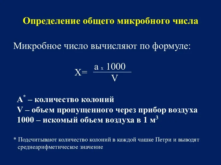 Определение общего микробного числа Микробное число вычисляют по формуле: а х 1000