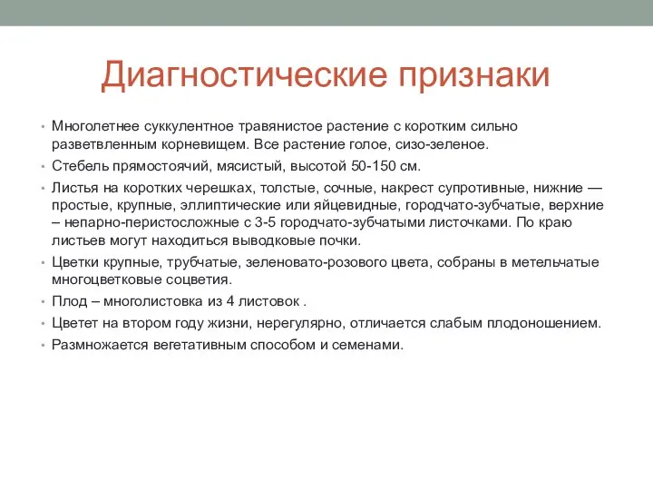 Диагностические признаки Многолетнее суккулентное травянистое растение с коротким сильно разветвленным корневищем. Все