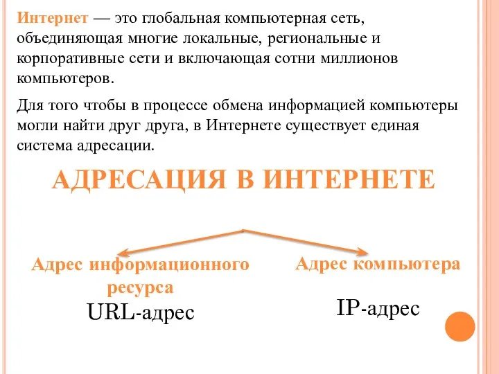 Интернет — это глобальная компьютерная сеть, объединяющая многие локальные, региональные и корпоративные