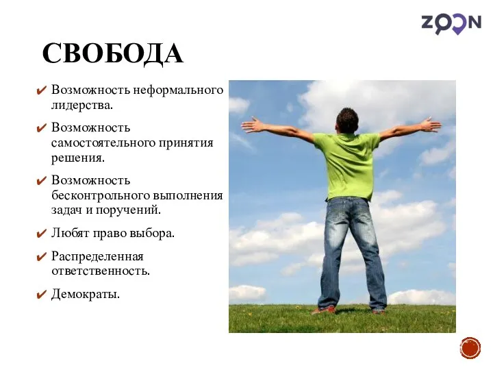 СВОБОДА Возможность неформального лидерства. Возможность самостоятельного принятия решения. Возможность бесконтрольного выполнения задач