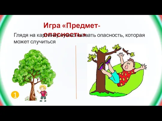 Игра «Предмет- опасность» Глядя на картинку нужно назвать опасность, которая может случиться 1