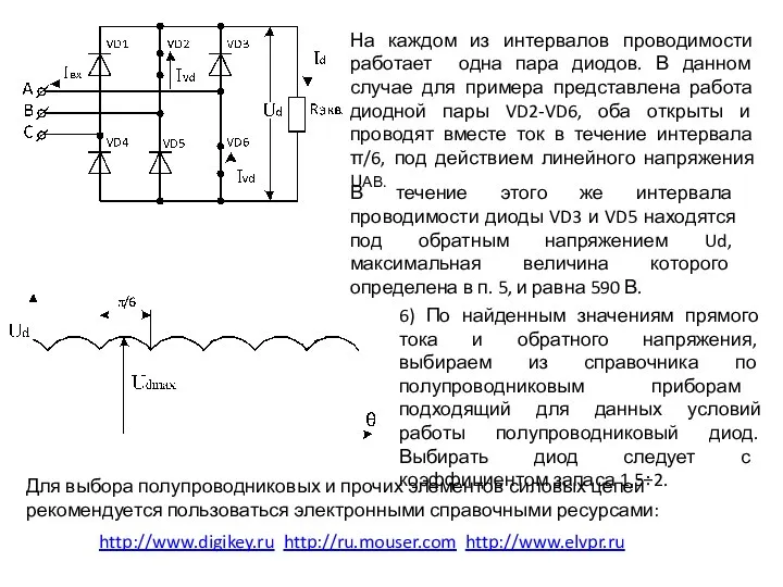 На каждом из интервалов проводимости работает одна пара диодов. В данном случае