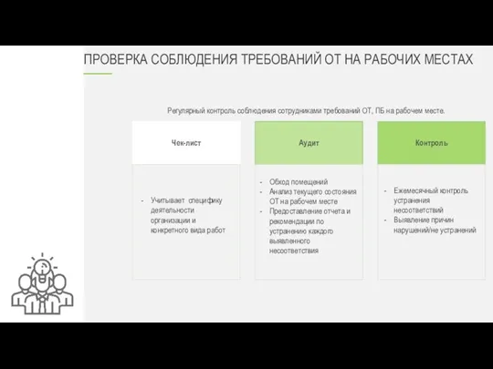 ПРОВЕРКА СОБЛЮДЕНИЯ ТРЕБОВАНИЙ ОТ НА РАБОЧИХ МЕСТАХ Регулярный контроль соблюдения сотрудниками требований