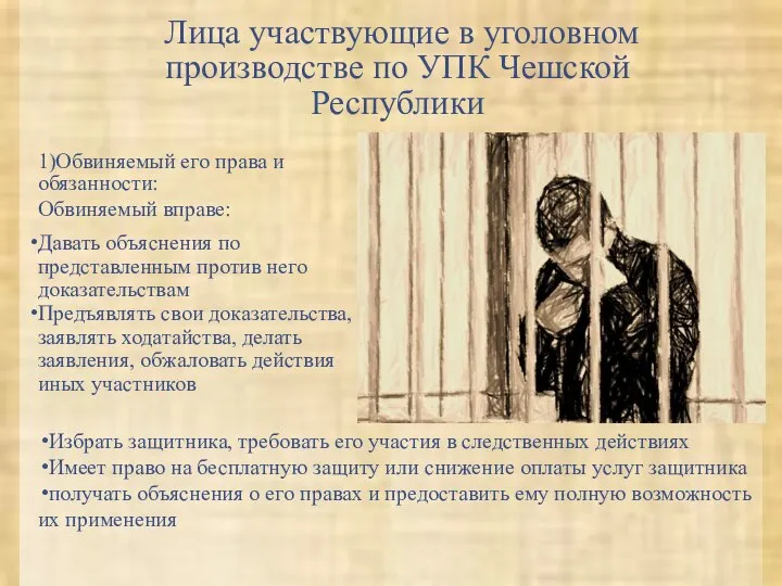 Лица участвующие в уголовном производстве по УПК Чешской Республики 1)Обвиняемый его права