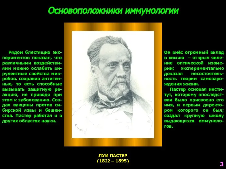 Основоположники иммунологии ЛУИ ПАСТЕР (1822 – 1895) Рядом блестящих экс-периментов показал, что