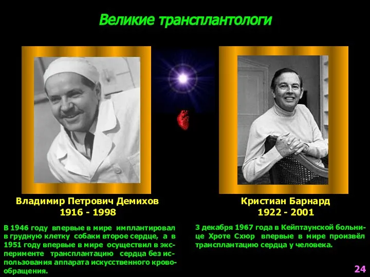 Великие трансплантологи Владимир Петрович Демихов 1916 - 1998 Кристиан Барнард 1922 -
