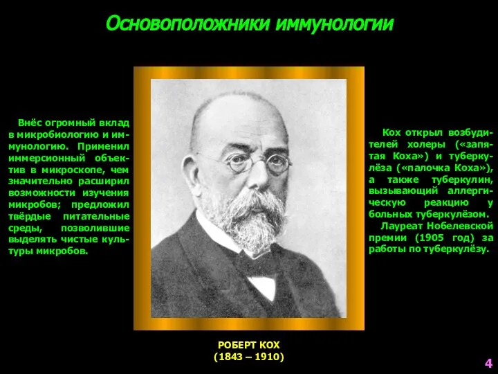 Основоположники иммунологии РОБЕРТ КОХ (1843 – 1910) Внёс огромный вклад в микробиологию