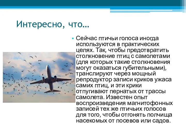 Интересно, что… Сейчас птичьи голоса иногда используются в практических целях. Так, чтобы