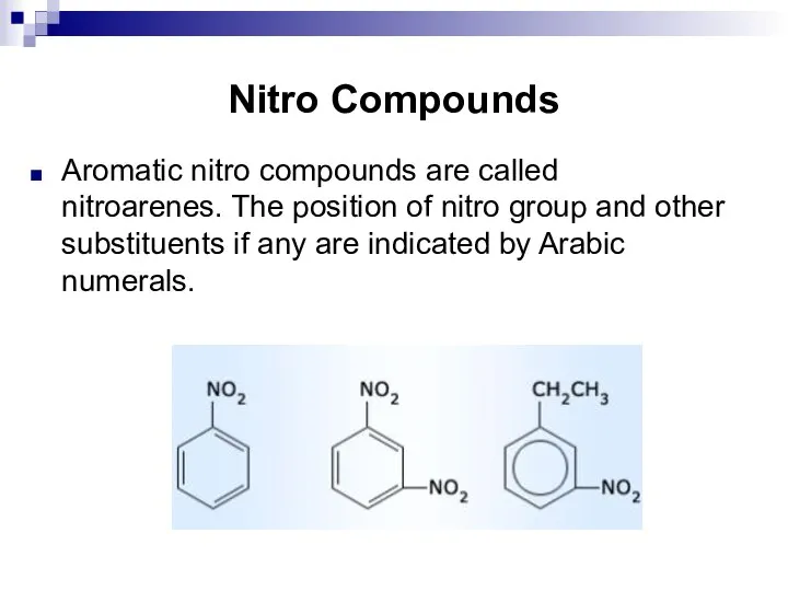 Nitro Compounds Aromatic nitro compounds are called nitroarenes. The position of nitro