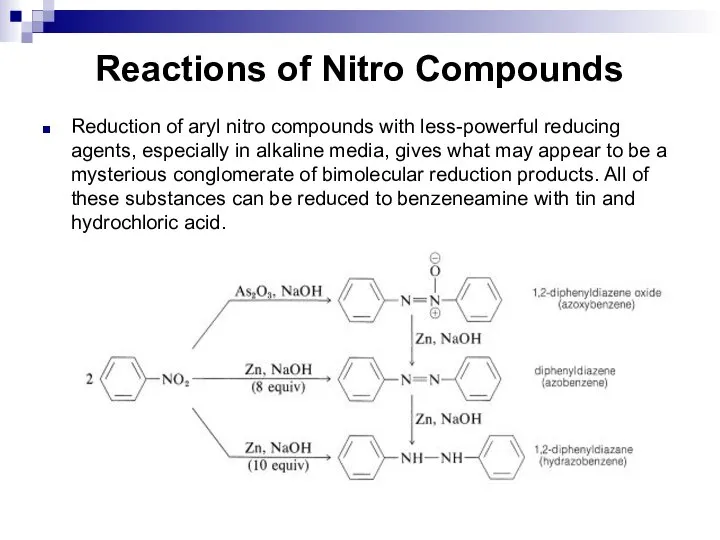 Reactions of Nitro Compounds Reduction of aryl nitro compounds with less-powerful reducing