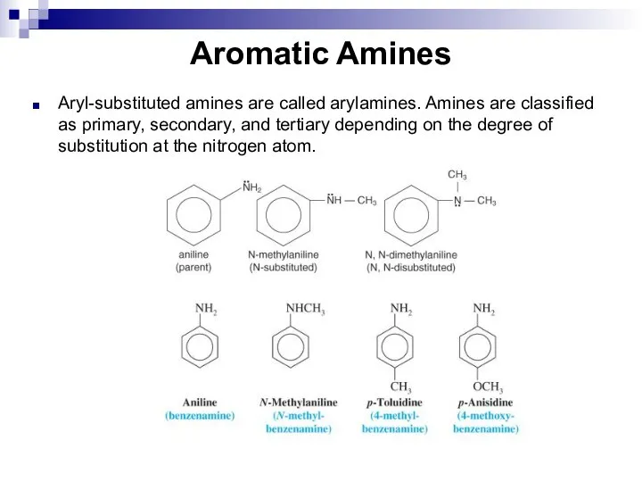 Aromatic Amines Aryl-substituted amines are called arylamines. Amines are classified as primary,