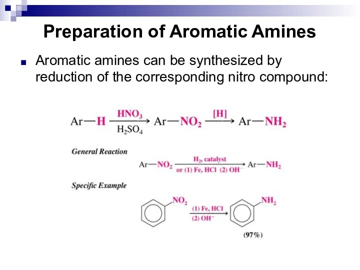 Preparation of Aromatic Amines Aromatic amines can be synthesized by reduction of the corresponding nitro compound: