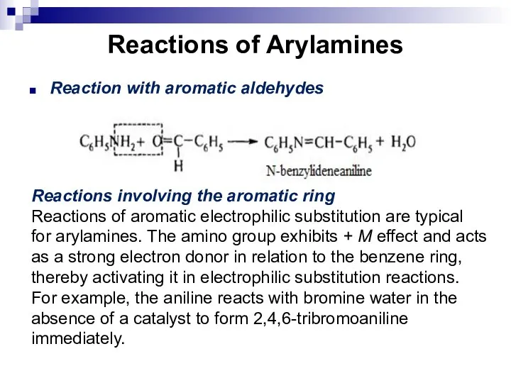 Reactions of Arylamines Reaction with aromatic aldehydes Reactions involving the aromatic ring