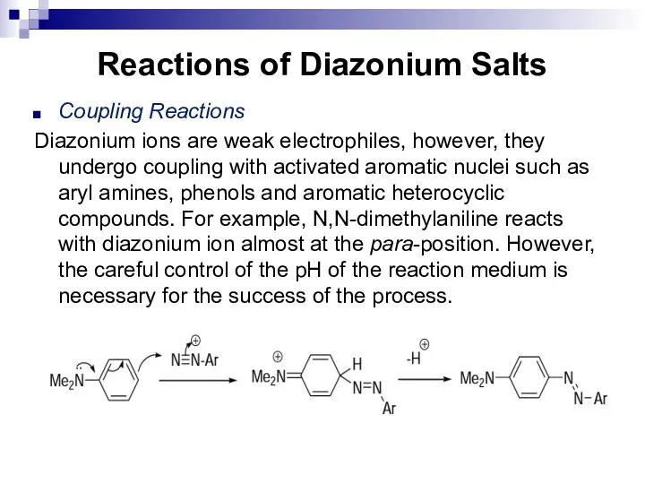 Reactions of Diazonium Salts Coupling Reactions Diazonium ions are weak electrophiles, however,