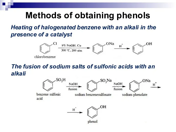 Methods of obtaining phenols Heating of halogenated benzene with an alkali in