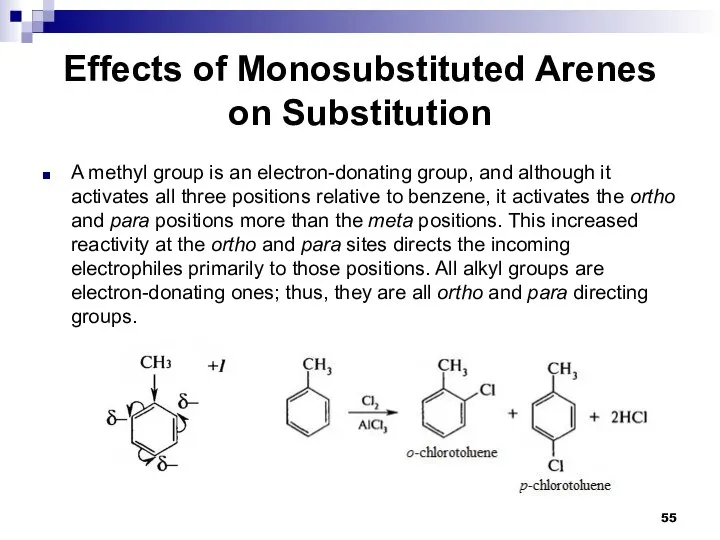 Effects of Monosubstituted Arenes on Substitution A methyl group is an electron-donating