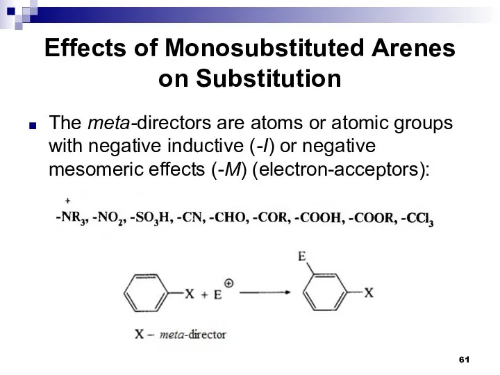 Effects of Monosubstituted Arenes on Substitution The meta-directors are atoms or atomic