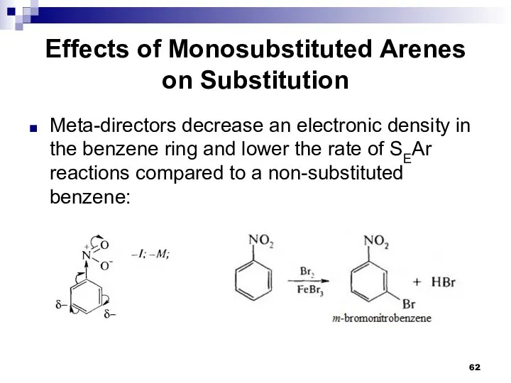 Effects of Monosubstituted Arenes on Substitution Meta-directors decrease an electronic density in