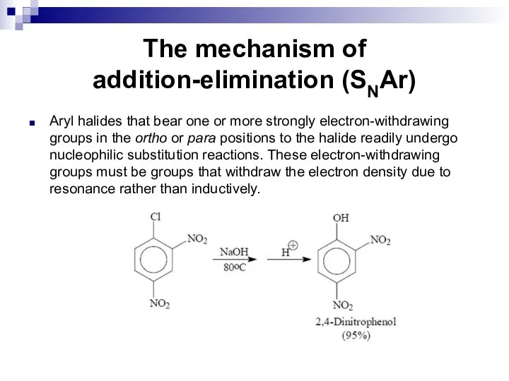 The mechanism of addition-elimination (SNAr) Aryl halides that bear one or more