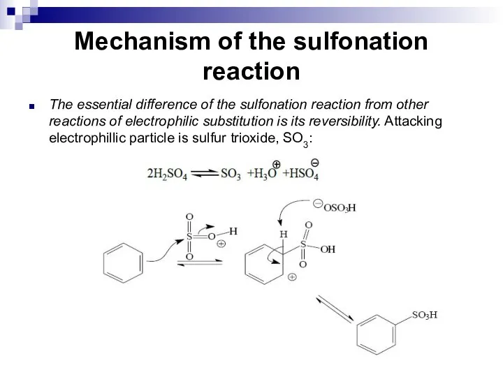 Mechanism of the sulfonation reaction The essential difference of the sulfonation reaction