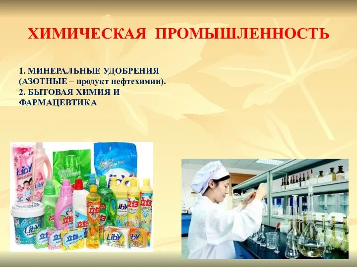 ХИМИЧЕСКАЯ ПРОМЫШЛЕННОСТЬ 1. МИНЕРАЛЬНЫЕ УДОБРЕНИЯ (АЗОТНЫЕ – продукт нефтехимии). 2. БЫТОВАЯ ХИМИЯ И ФАРМАЦЕВТИКА