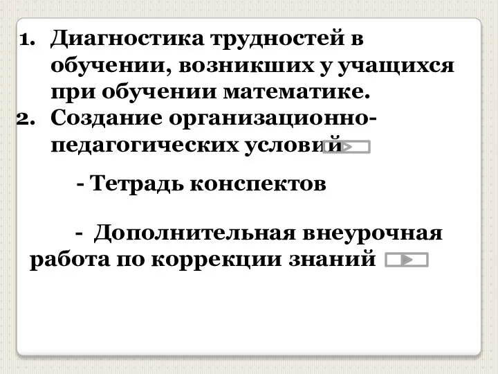 Диагностика трудностей в обучении, возникших у учащихся при обучении математике. Создание организационно-педагогических