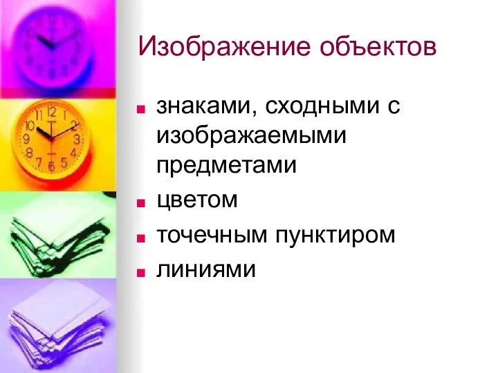 Изображение объектов знаками, сходными с изображаемыми предметами цветом точечным пунктиром линиями