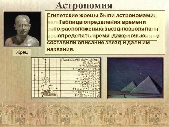 Астрономия Египетские жрецы были астрономами: вели наблюдения за небесными светилами. По звездам