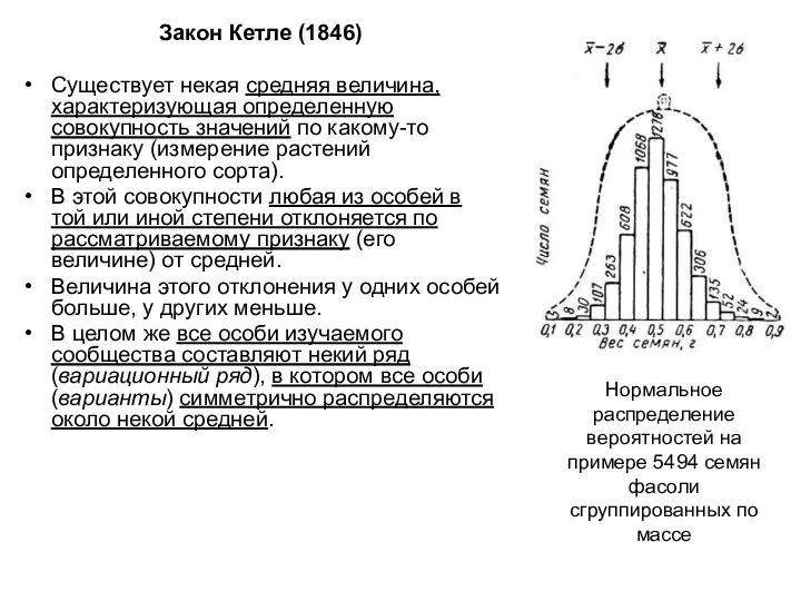 Закон Кетле (1846) Существует некая средняя величина, характеризующая определенную совокупность значений по