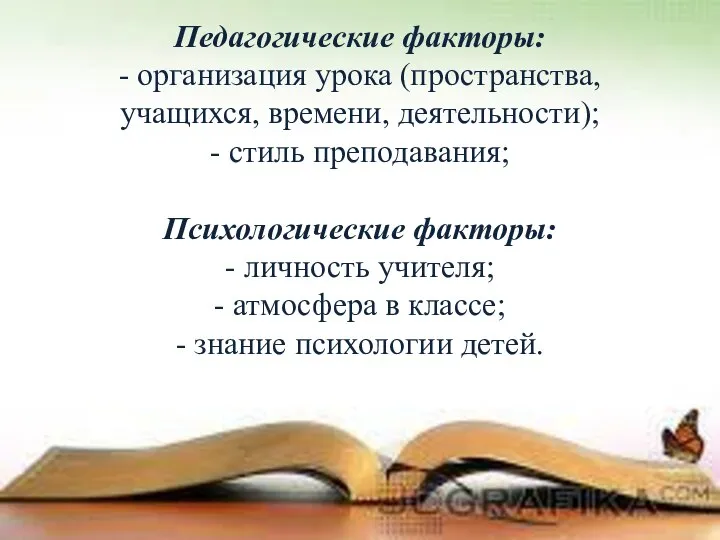 Педагогические факторы: - организация урока (пространства, учащихся, времени, деятельности); - стиль преподавания;