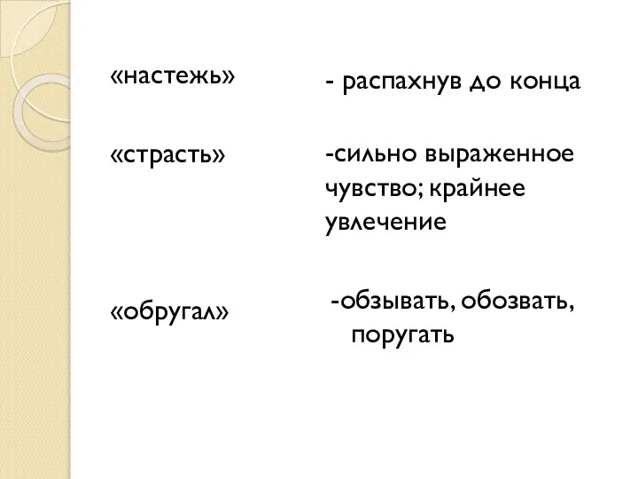 «настежь» «страсть» «обругал» - распахнув до конца -сильно выраженное чувство; крайнее увлечение -обзывать, обозвать, поругать