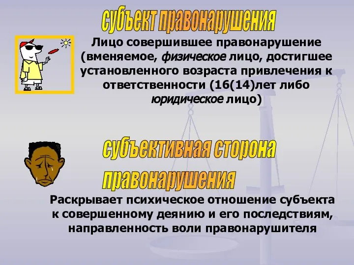 субъект правонарушения Лицо совершившее правонарушение (вменяемое, физическое лицо, достигшее установленного возраста привлечения