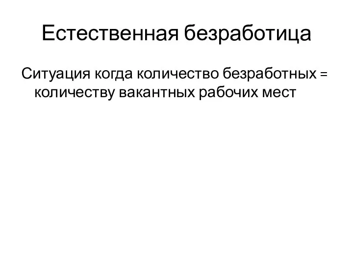 Естественная безработица Ситуация когда количество безработных = количеству вакантных рабочих мест