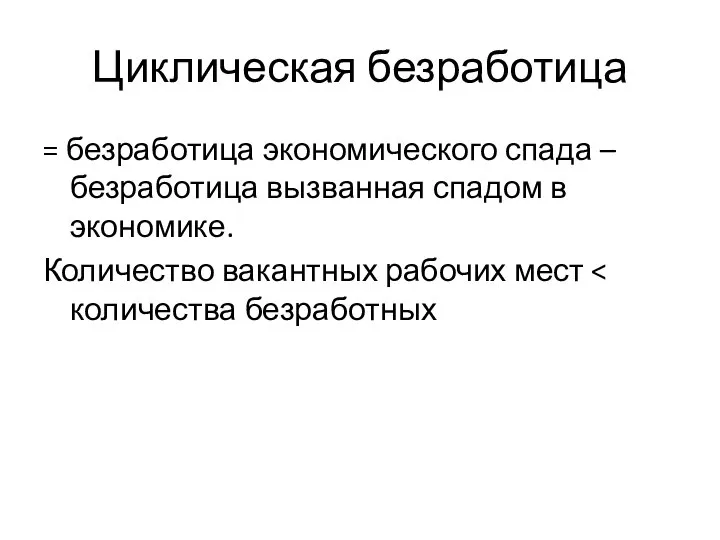 Циклическая безработица = безработица экономического спада – безработица вызванная спадом в экономике. Количество вакантных рабочих мест