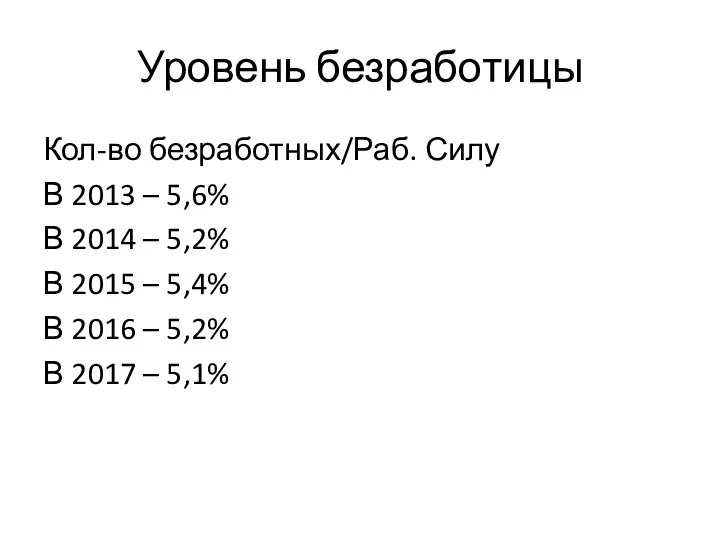 Уровень безработицы Кол-во безработных/Раб. Силу В 2013 – 5,6% В 2014 –